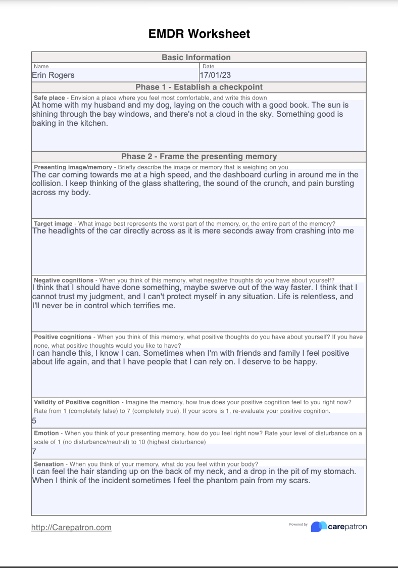 EMDR Worksheet Example Free PDF Download